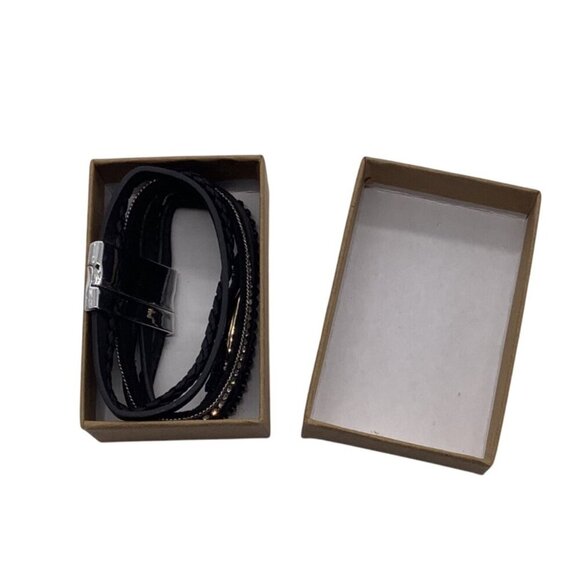 Kai Top Multilayer Black Leather Magnetic Bracelet With Rhinestone Accents & Cry - Picture 2 of 7